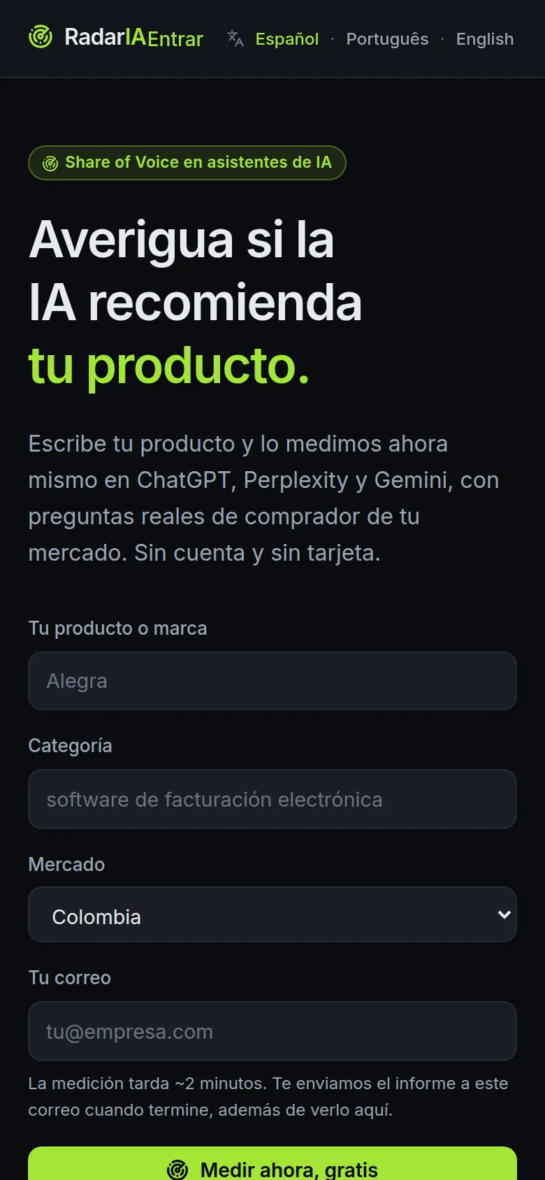 RadarIA en un celular: averigua si la IA recomienda tu producto